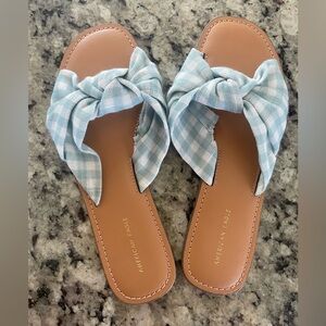 American Eagle Outfitters Light Blue Gingham Knot Slide Sandals 7
